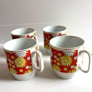 Vintage Floral Daisy Coffee Mugs 70s Retro Set of 4